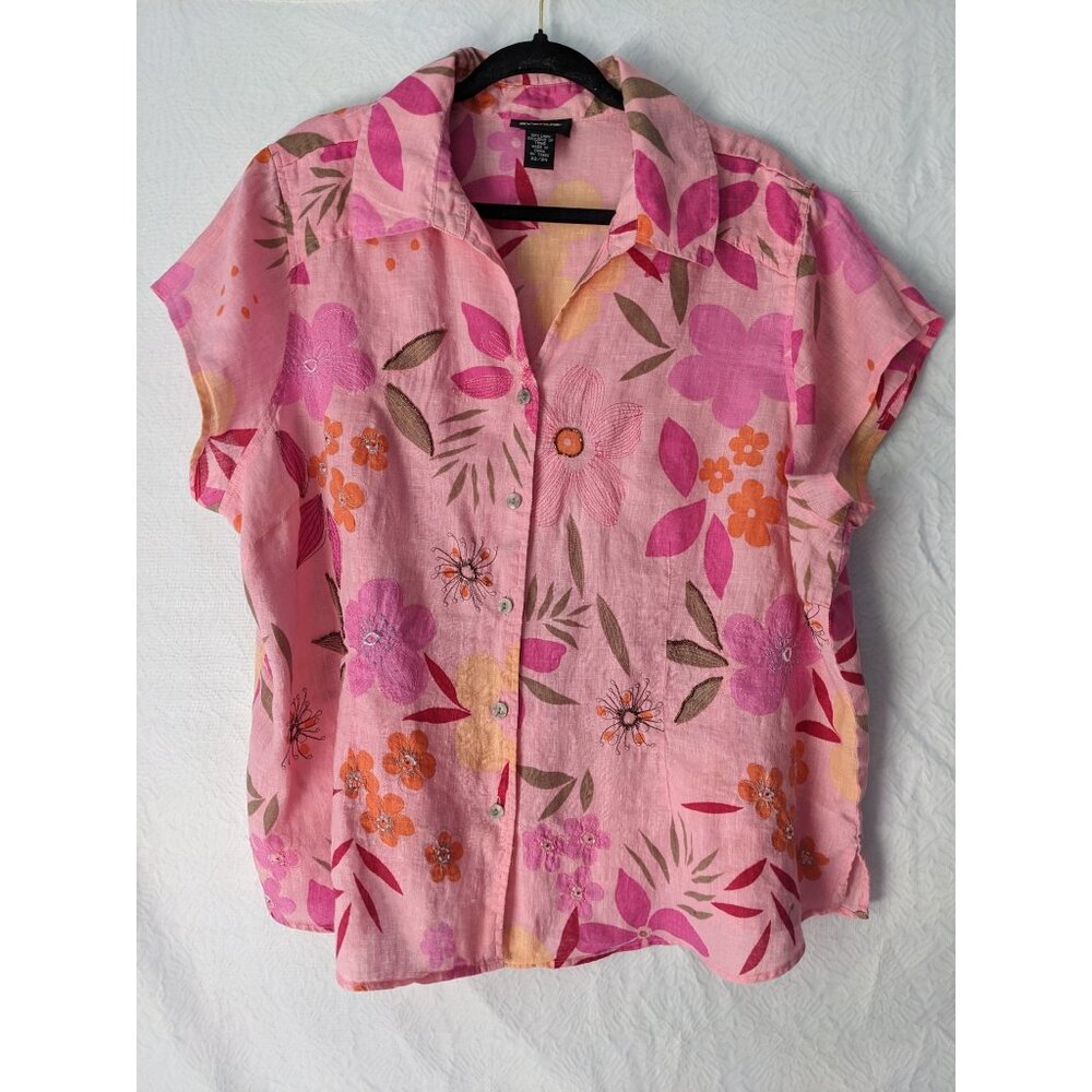 AVENUE Ladies Blouse Pink 100%Linen floral Sequins Beads Short Sleeve Plus 22/24